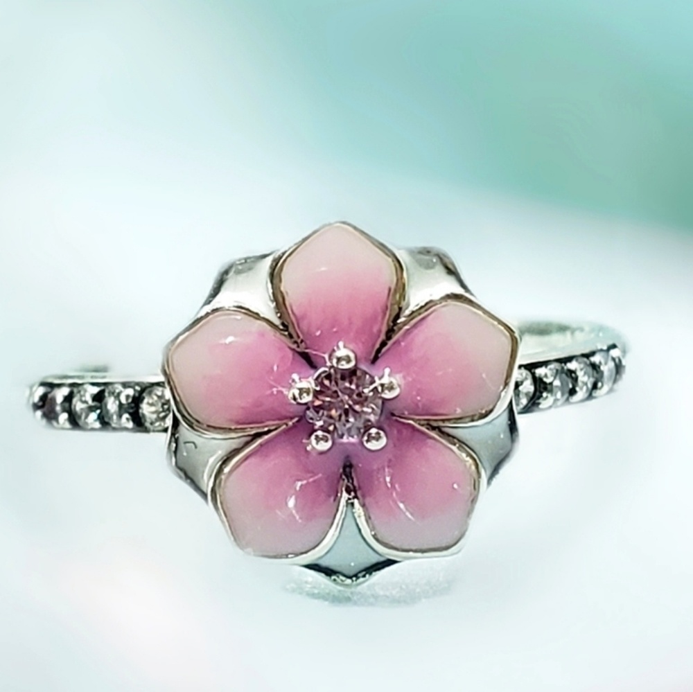 STERLING SILVER PINK ENAMEL MAGNOLIA FLOWER RING - Picture 2 of 8